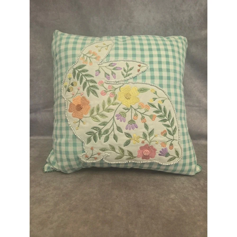 Easter Spring Gingham Bunny Rabbit Floral Embroidered Throw Pillow